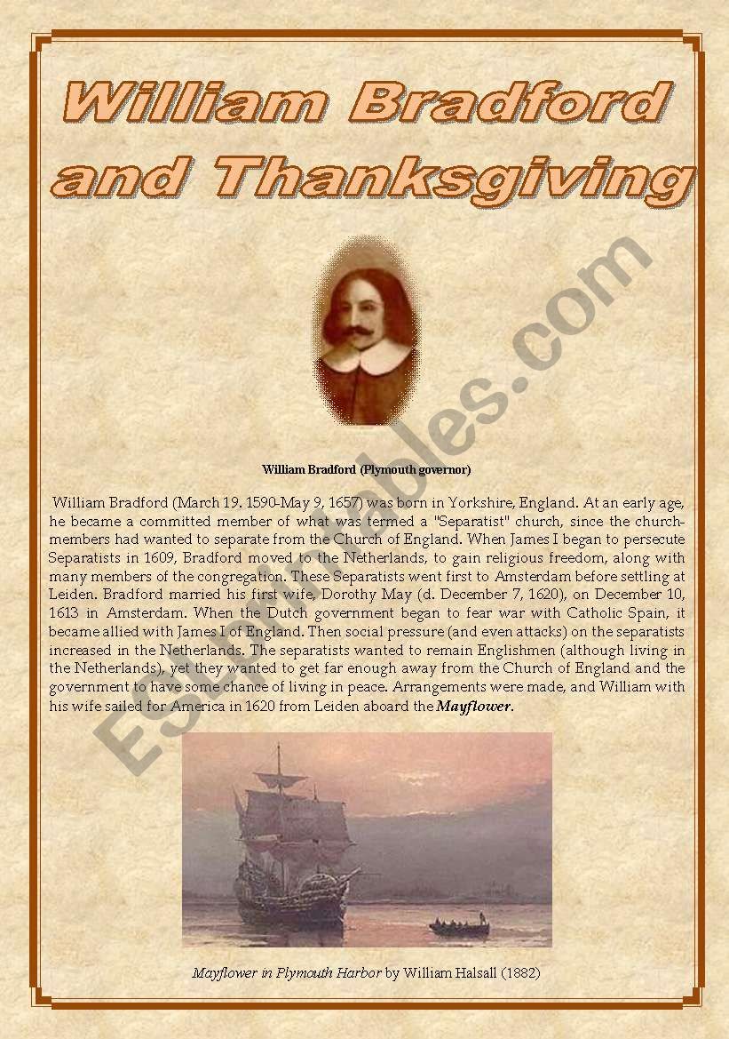 William BRADFORD & THANKSGIVING - reading and activities - 4 pages