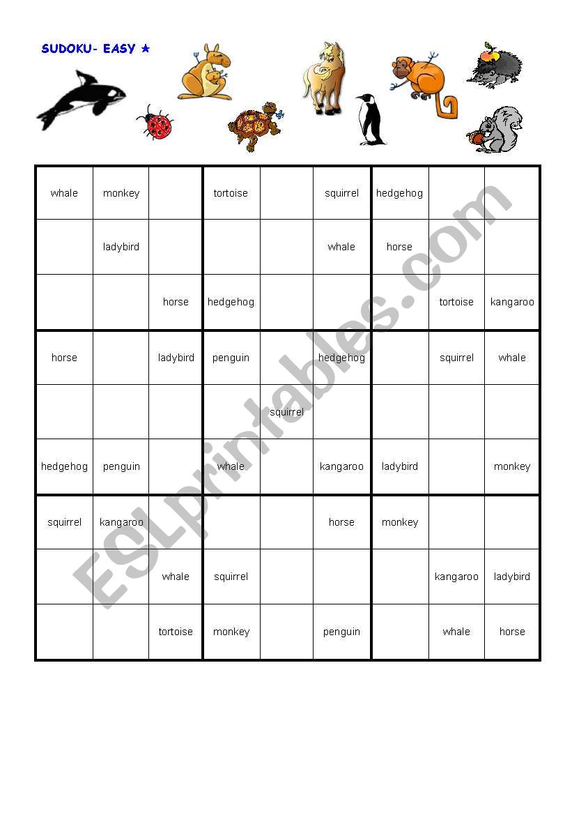 sudoku animals easy worksheet