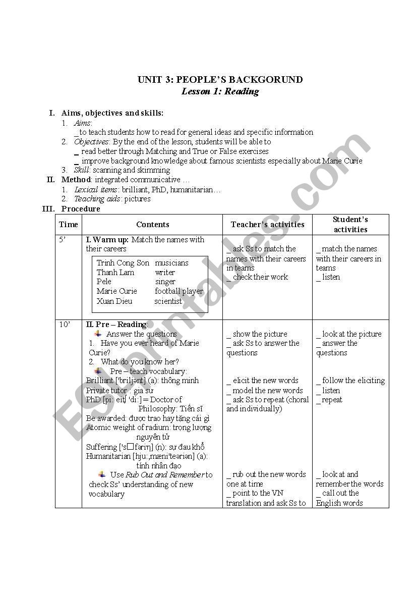 Marie Curies background worksheet