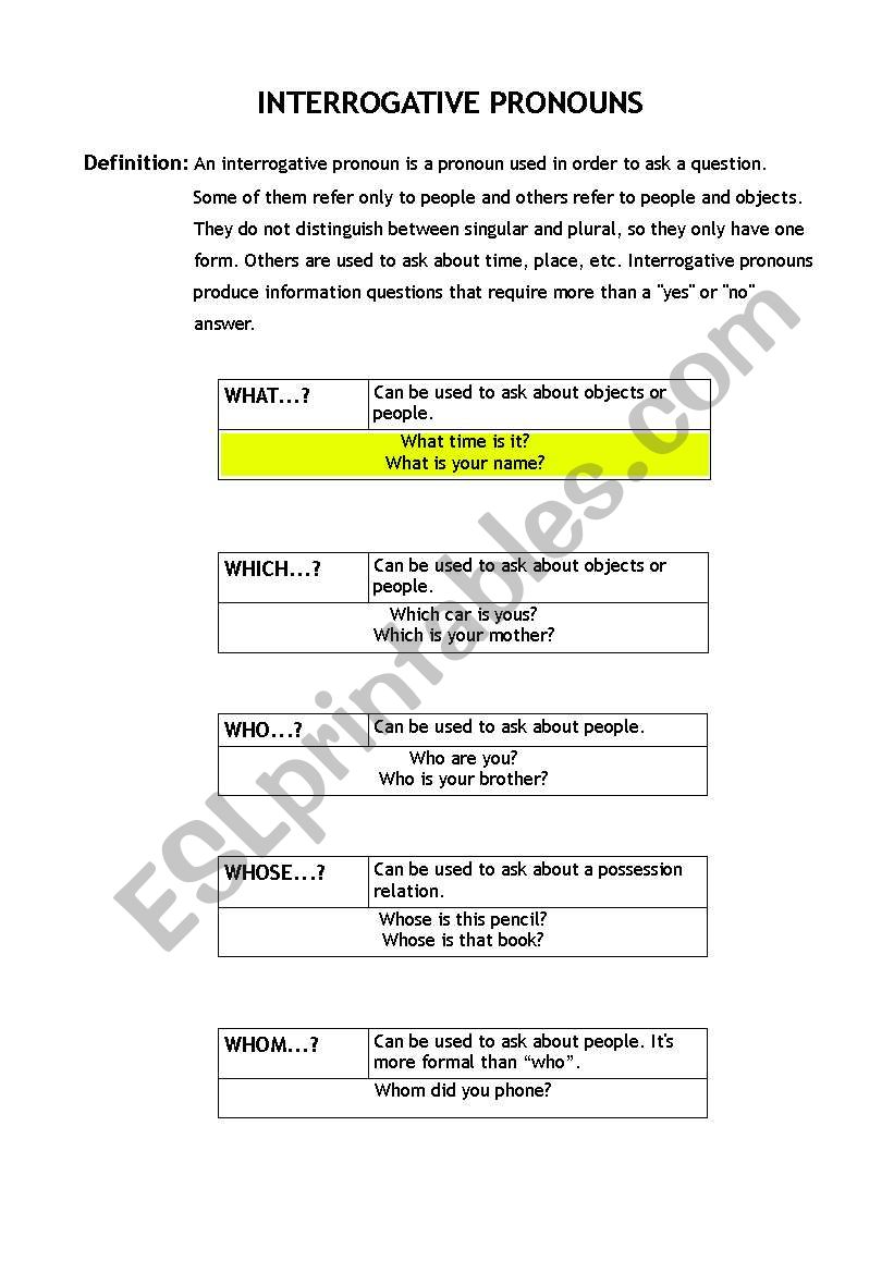 Interrogative pronouns worksheet