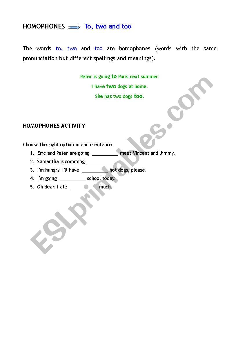Homophones: to, two and too worksheet