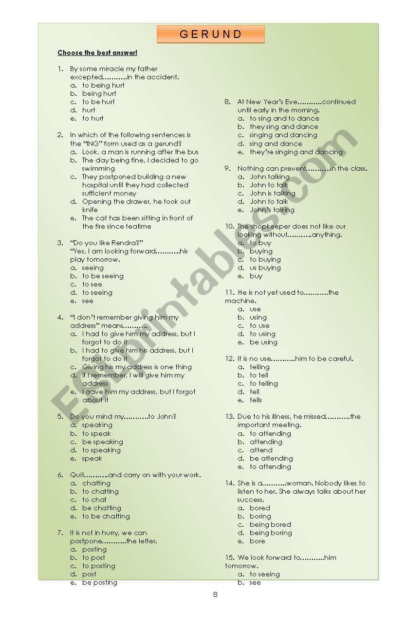 Gerund Exercise worksheet