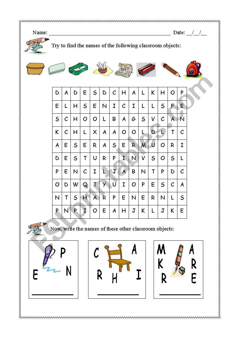 Classroom objects worksheet