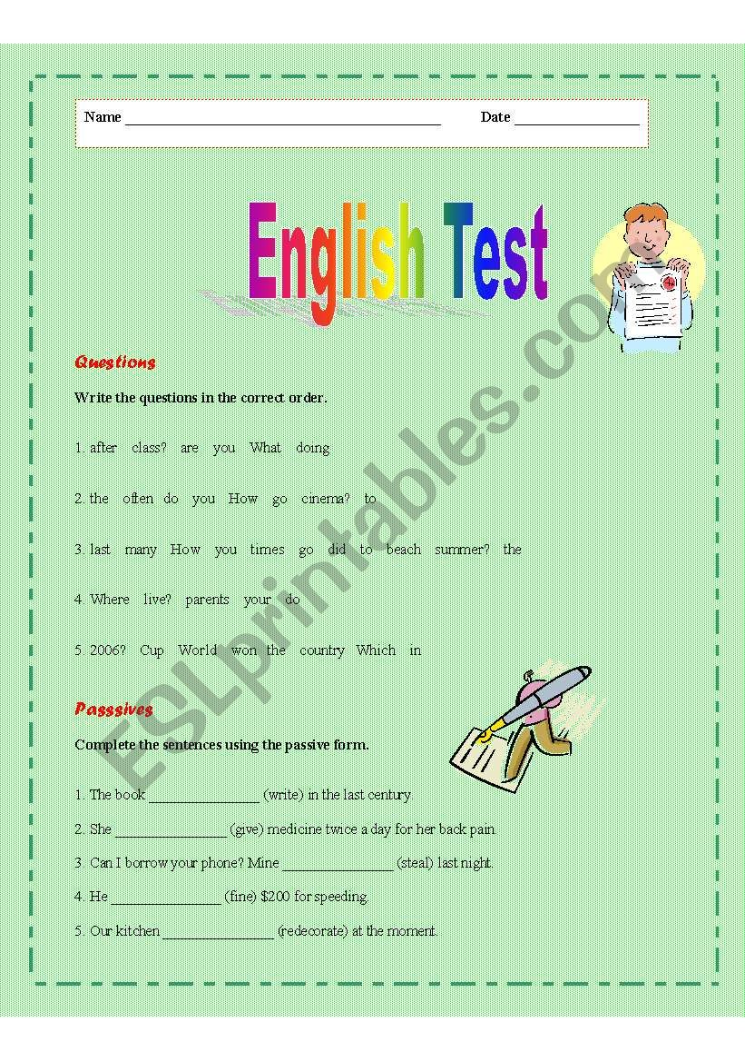 English Intermediate Test worksheet