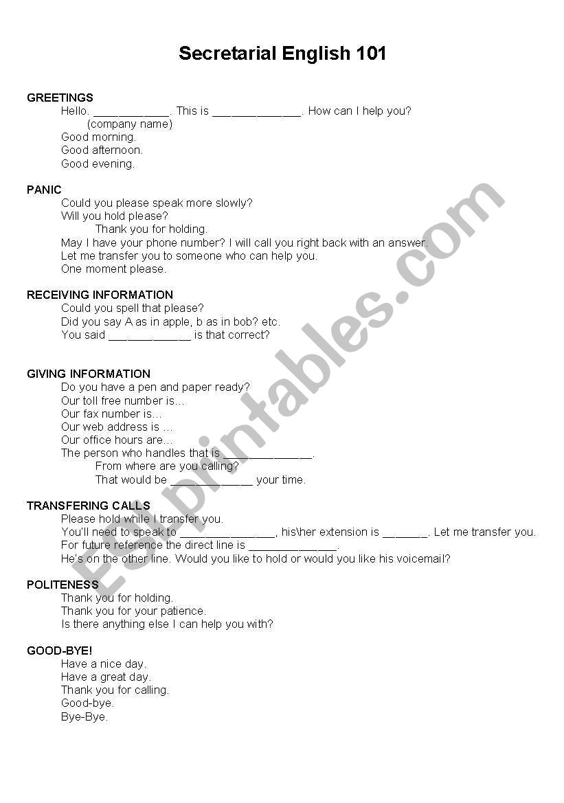 Secretarial English 101 worksheet