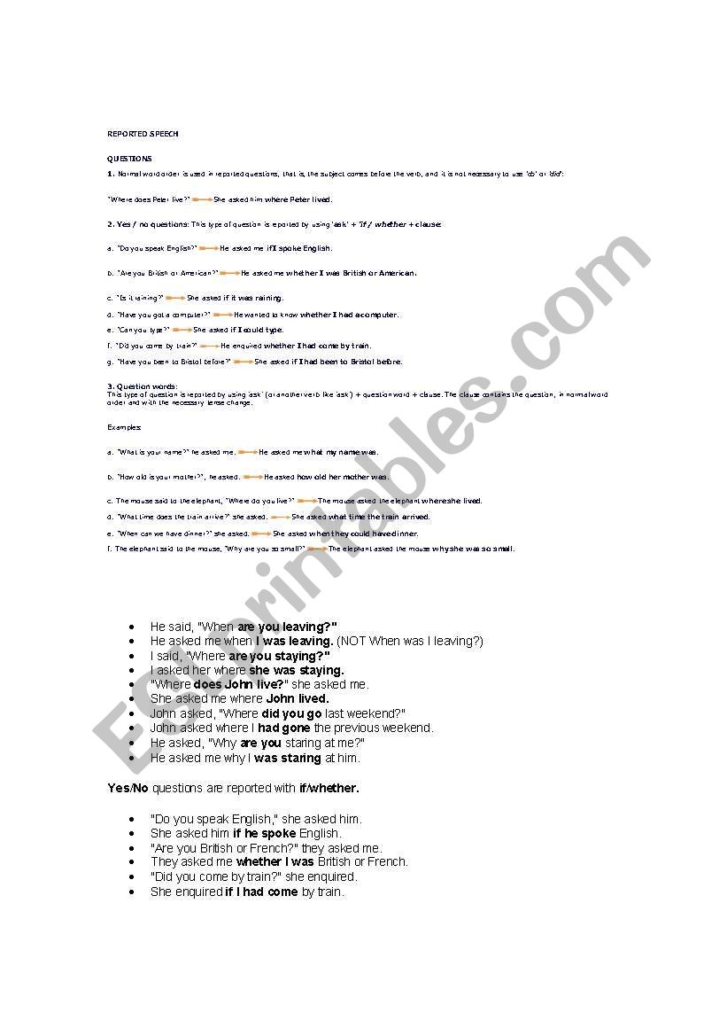 reported speech worksheet