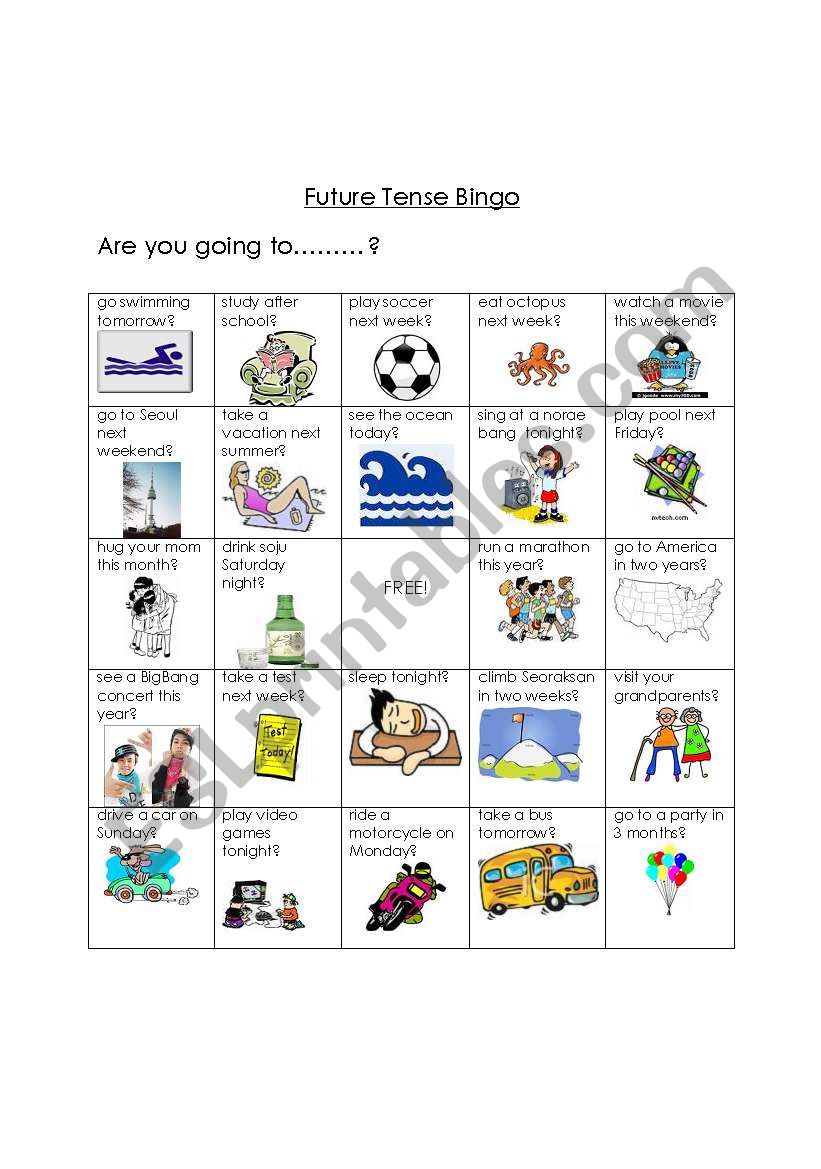 Future Tense Bingo worksheet
