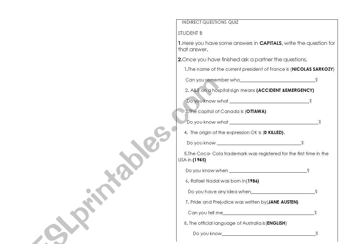 Indirect questions quiz worksheet
