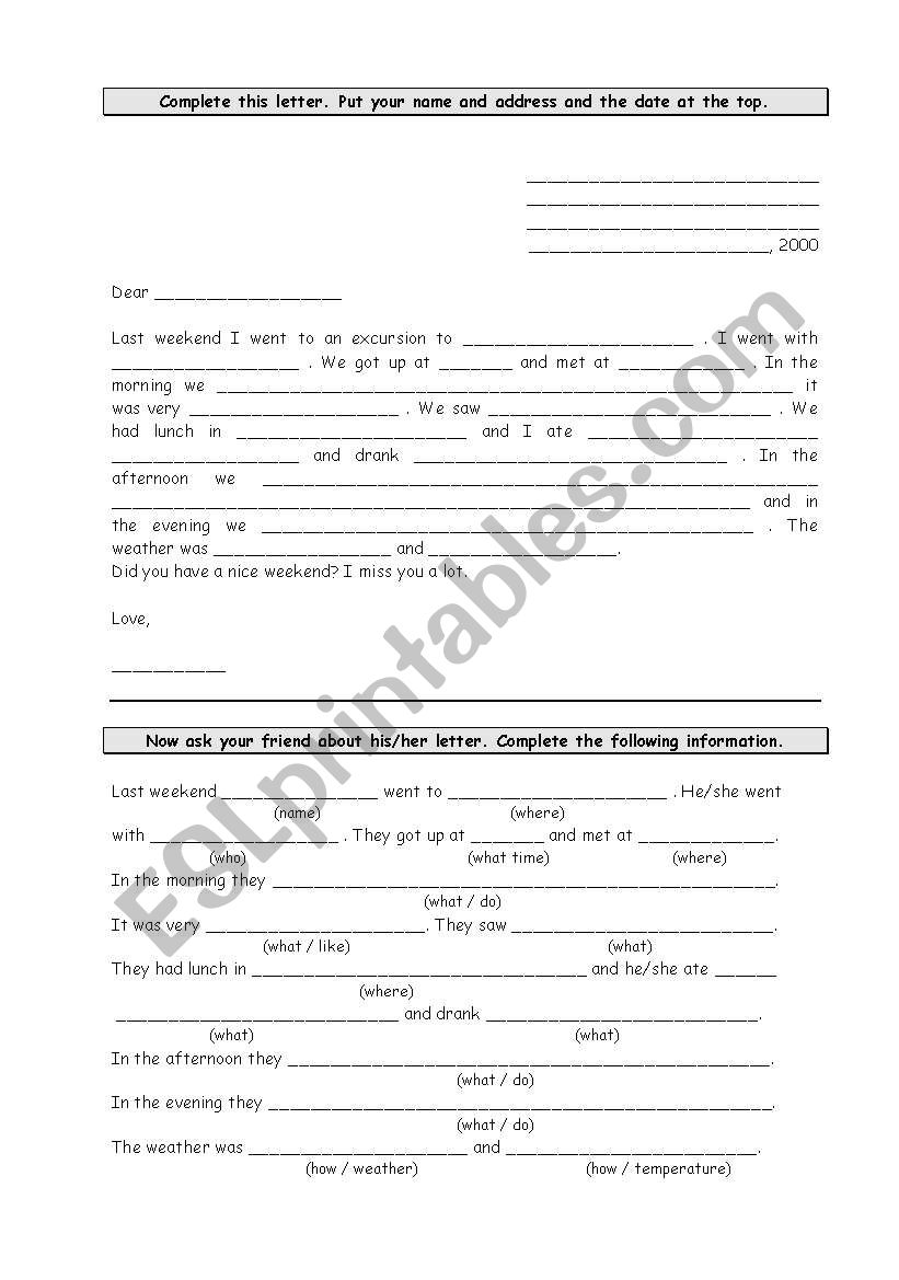 Simple past letter worksheet