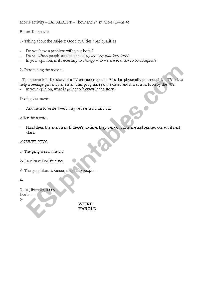 Movie activity FAT ALBERT worksheet