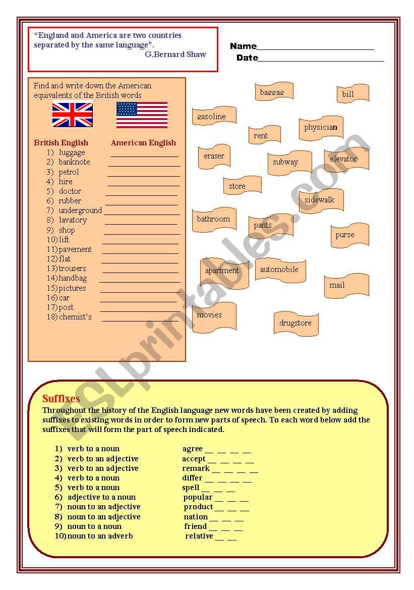 British and American English worksheet