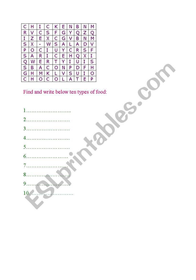 Find ten types of food worksheet
