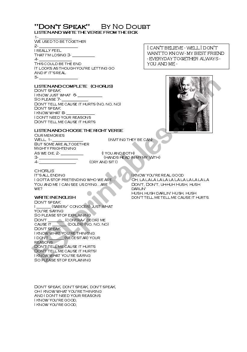 DONT SPEAK BY NO DOUBT worksheet