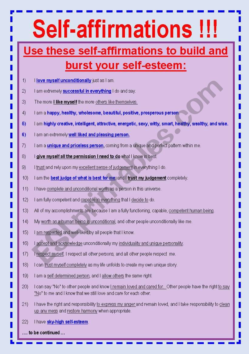 Affirmation to Build Your Self-Esteem. Read, Ask Questions and Discuss.