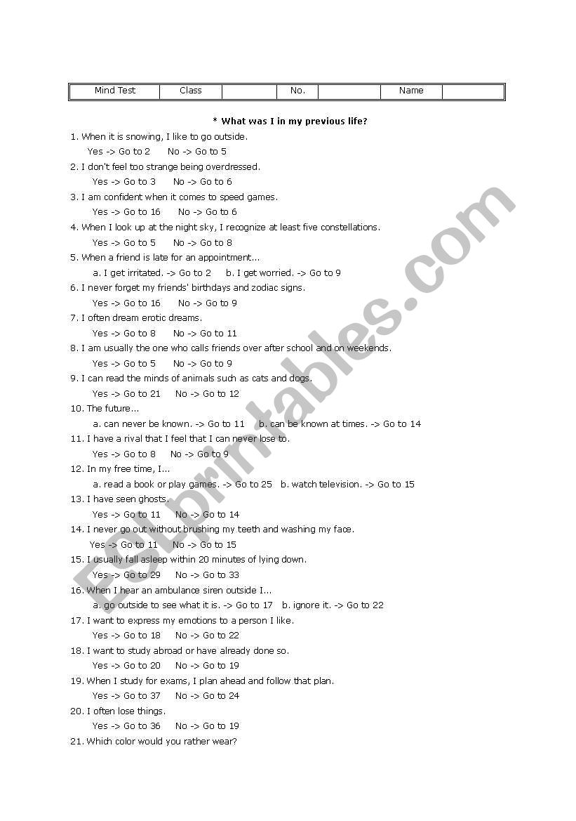 Mind Test (Previous Life) worksheet