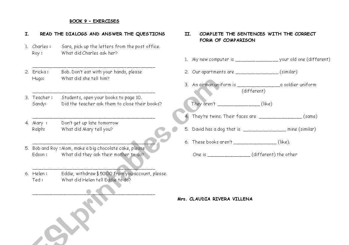 indirect speech worksheet