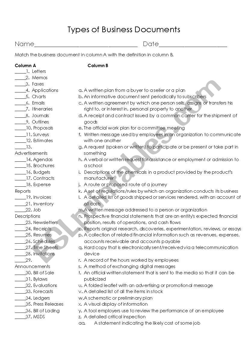 Types of Business Documents worksheet