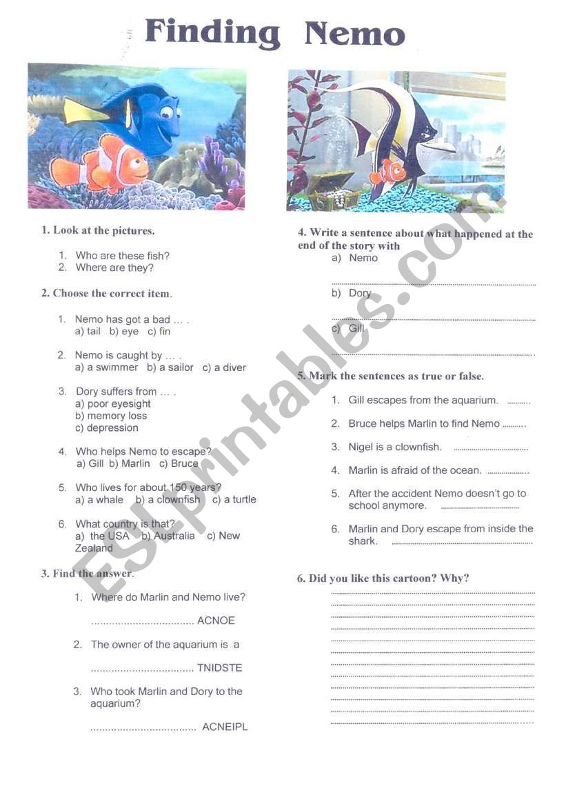 Video Activity: Finding Nemo worksheet