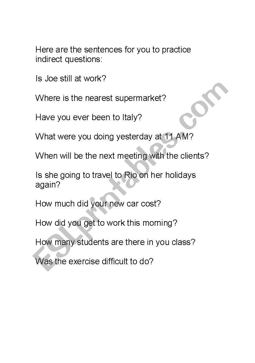 Indirect questions: worksheet