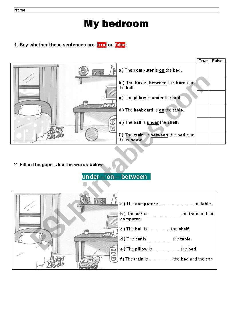 My Bedroom - Prepositions worksheet