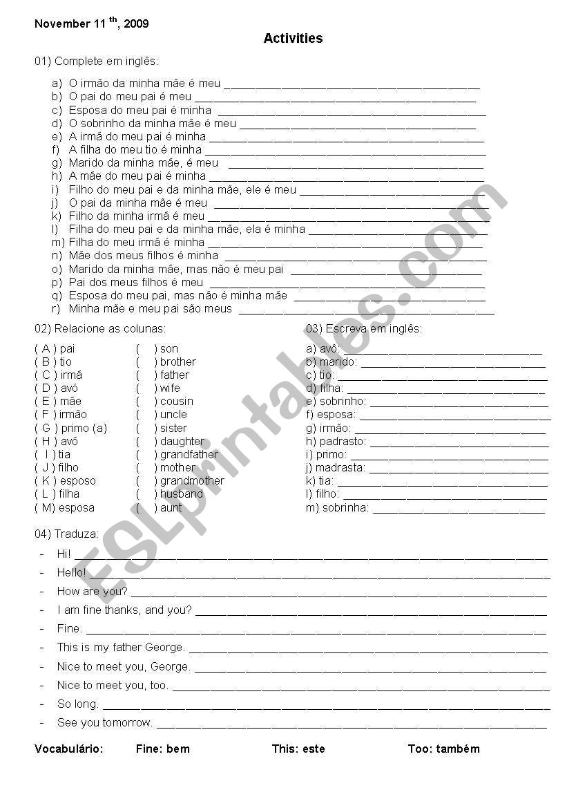 Family - activities worksheet