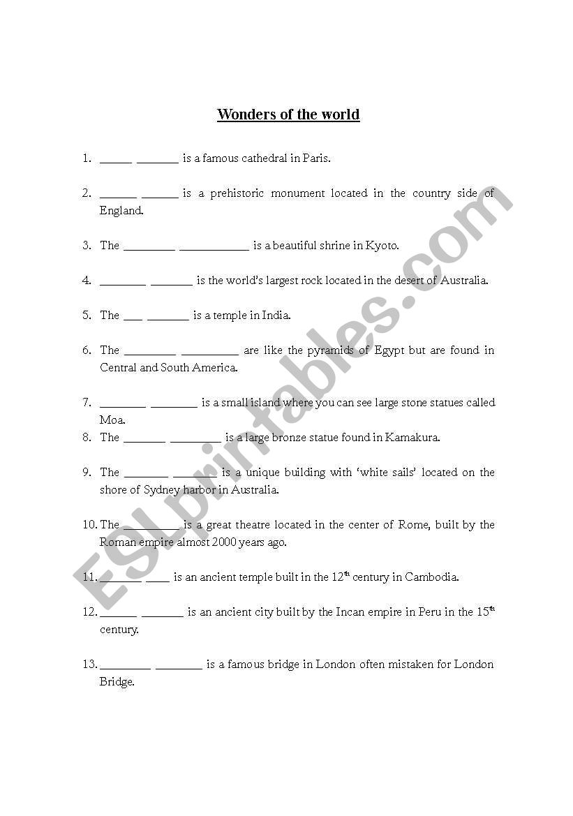 wonders of the world worksheet