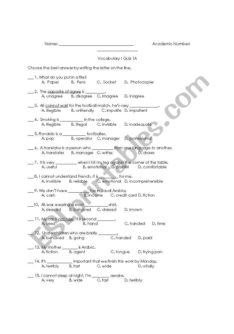 Vocabulary Quiz worksheet