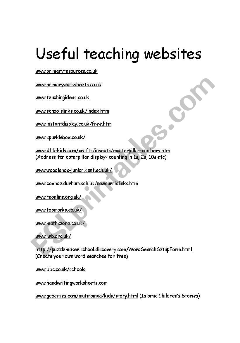 Useful websites worksheet