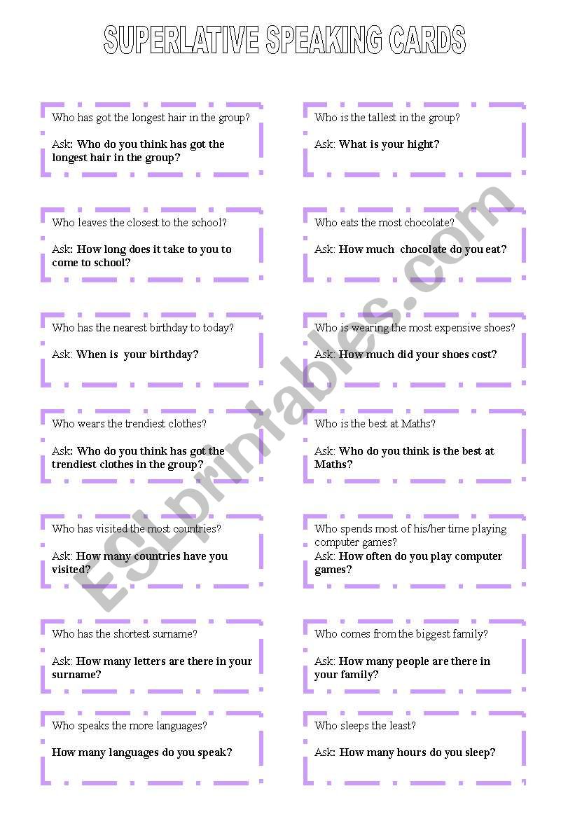 Superlative speaking cards worksheet