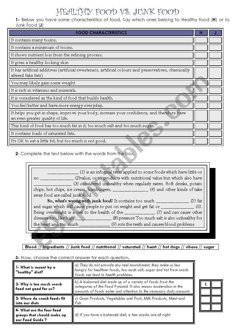 Healthy Food vs. Junk Food worksheet