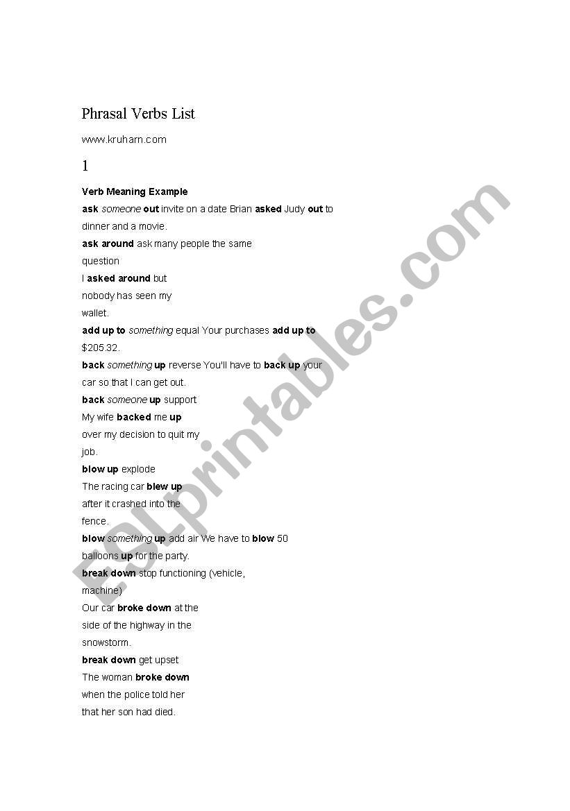 Phrasal Verbs List worksheet