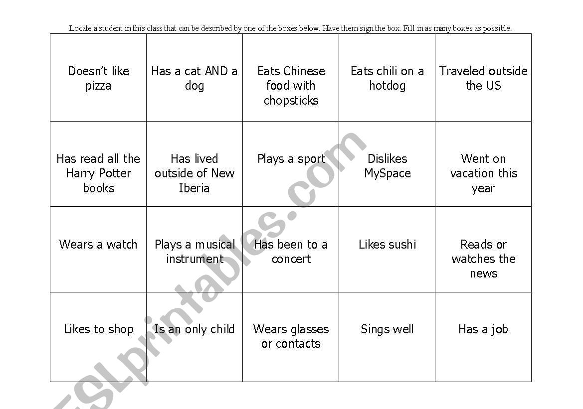 Human Bingo worksheet