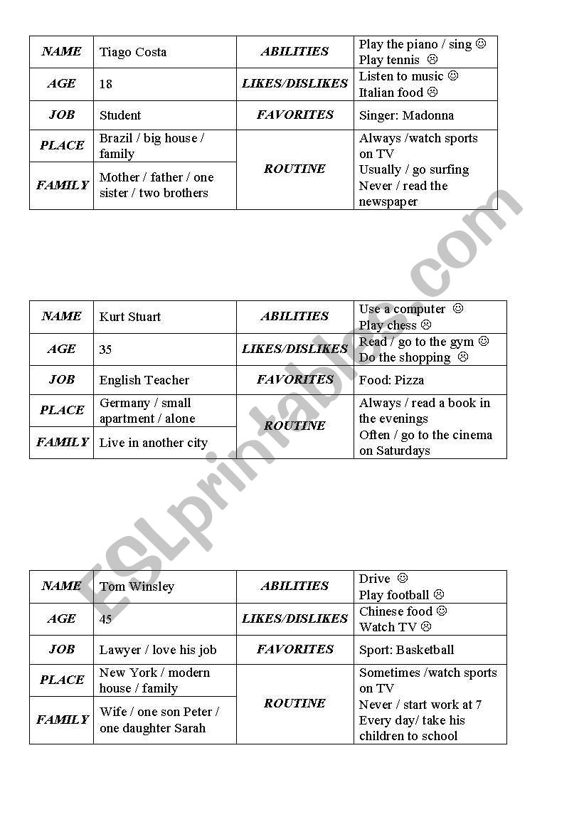 Oral cards  worksheet