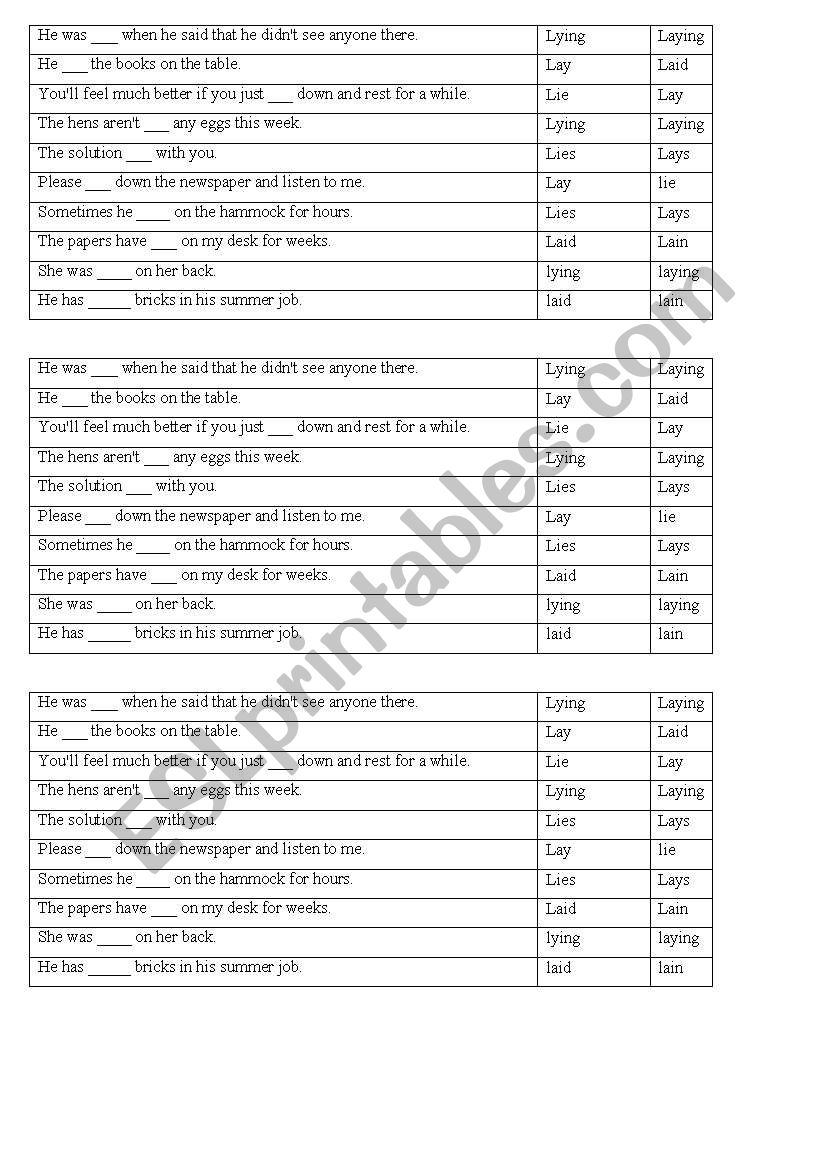 lie and lay worksheet