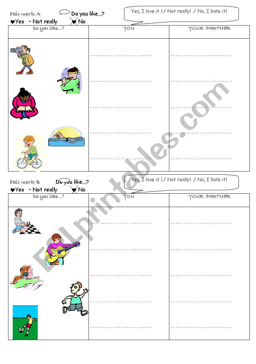 PAIR WORK HOBBIES worksheet