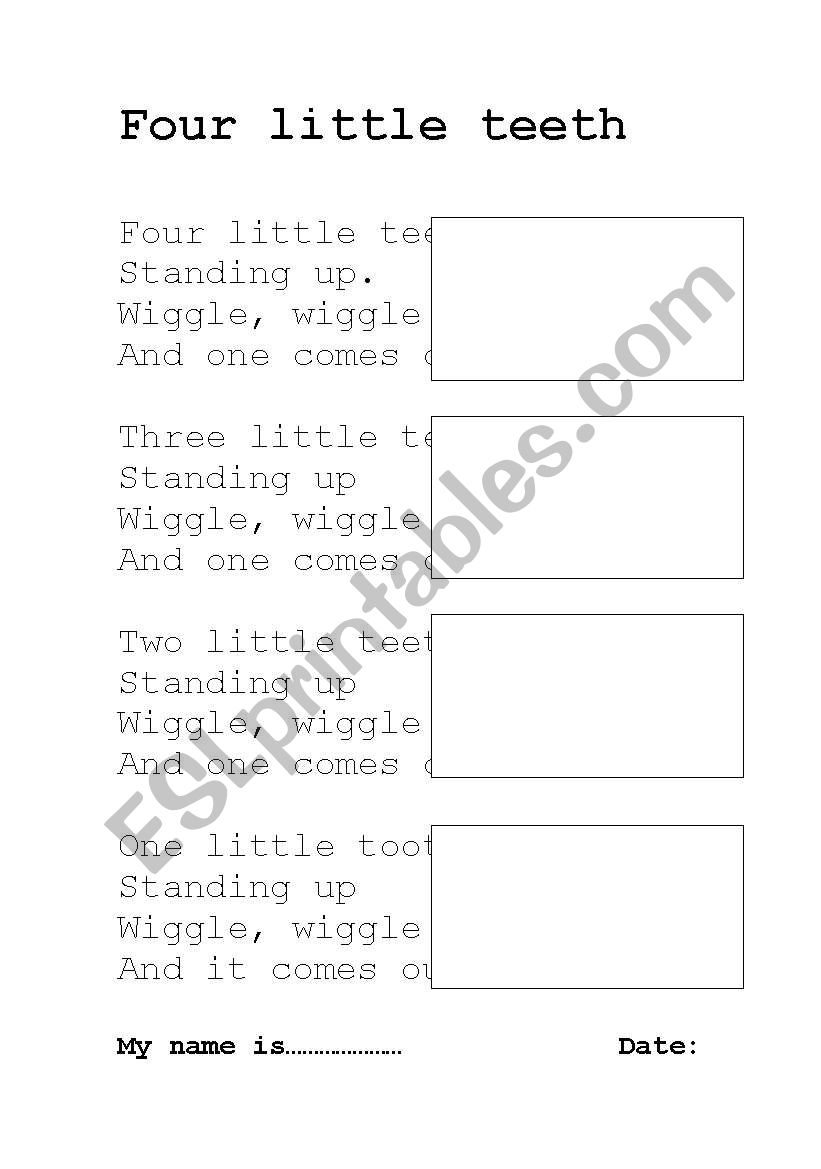 Four little teeth song worksheet