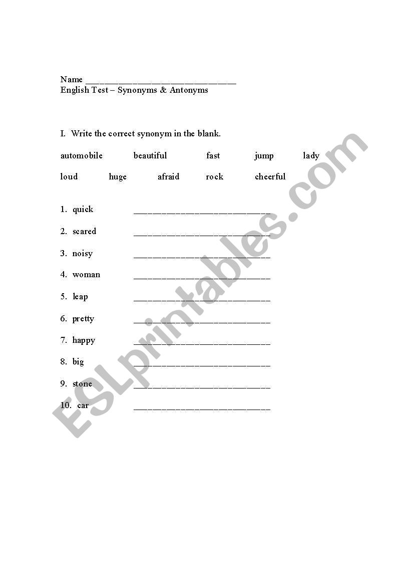 Antonym Synonym Test worksheet