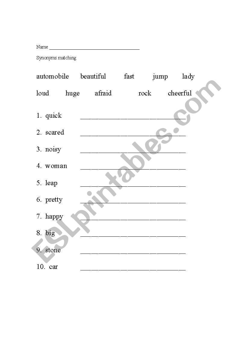 Synonym matching worksheet