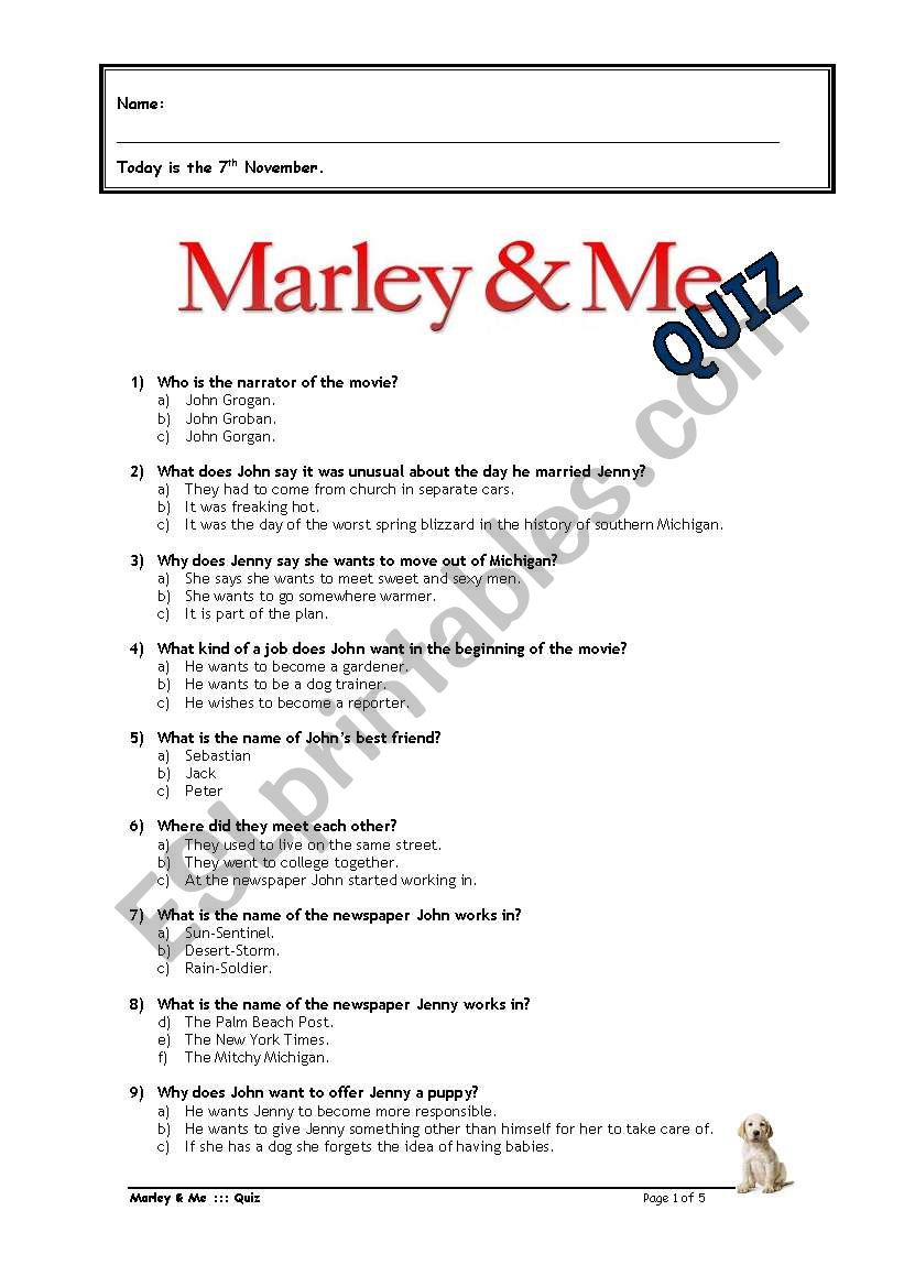 Marley & Me - Quiz worksheet
