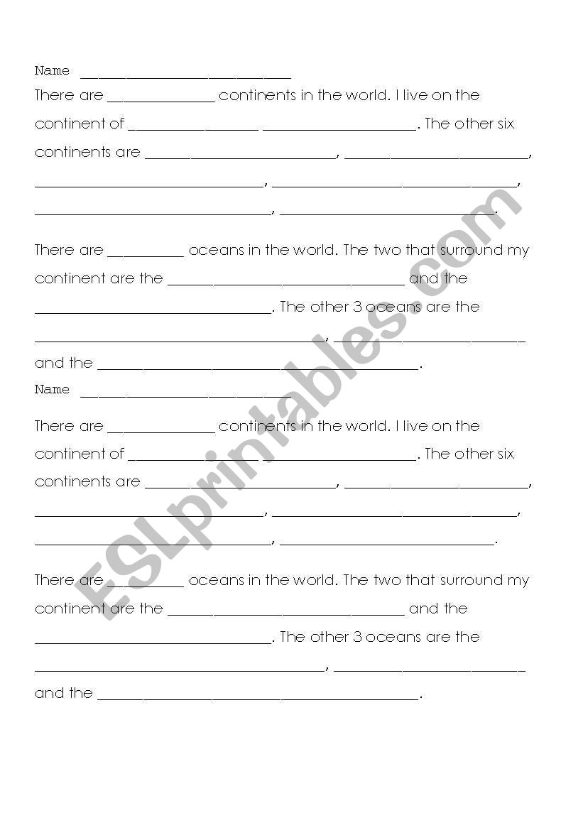 Continents and Oceans worksheet