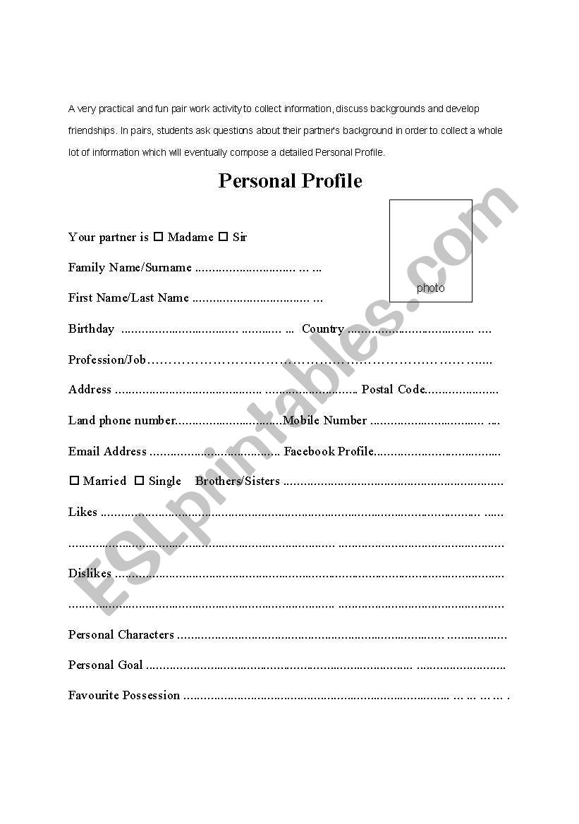 Personal Profile worksheet