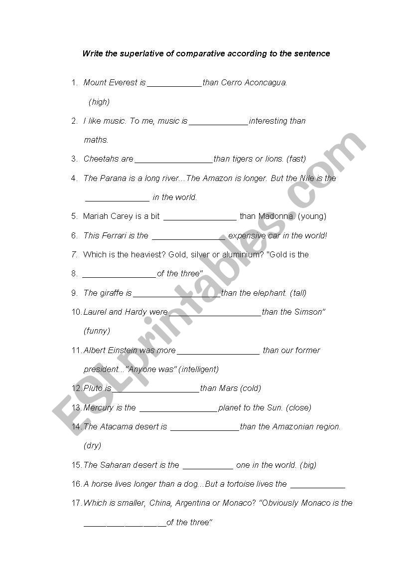 comparatives and superlatives worksheet