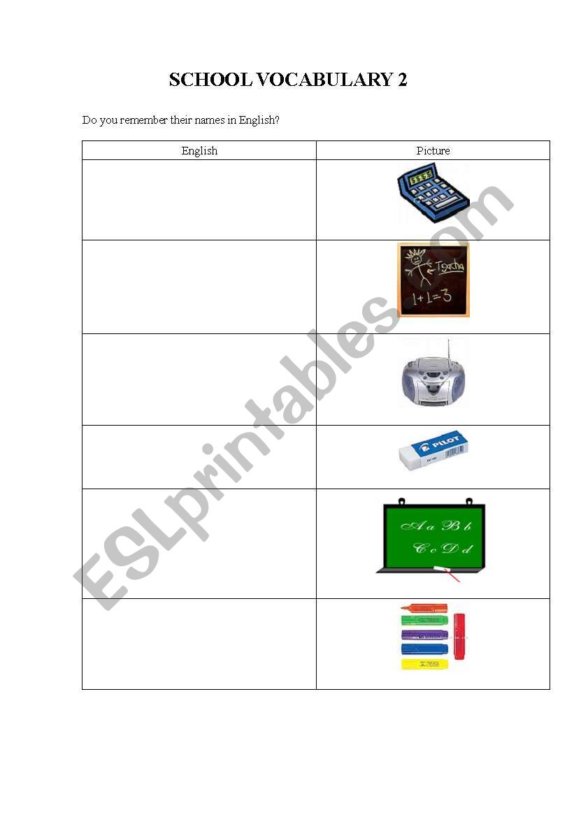 School Vocabulary 2 worksheet