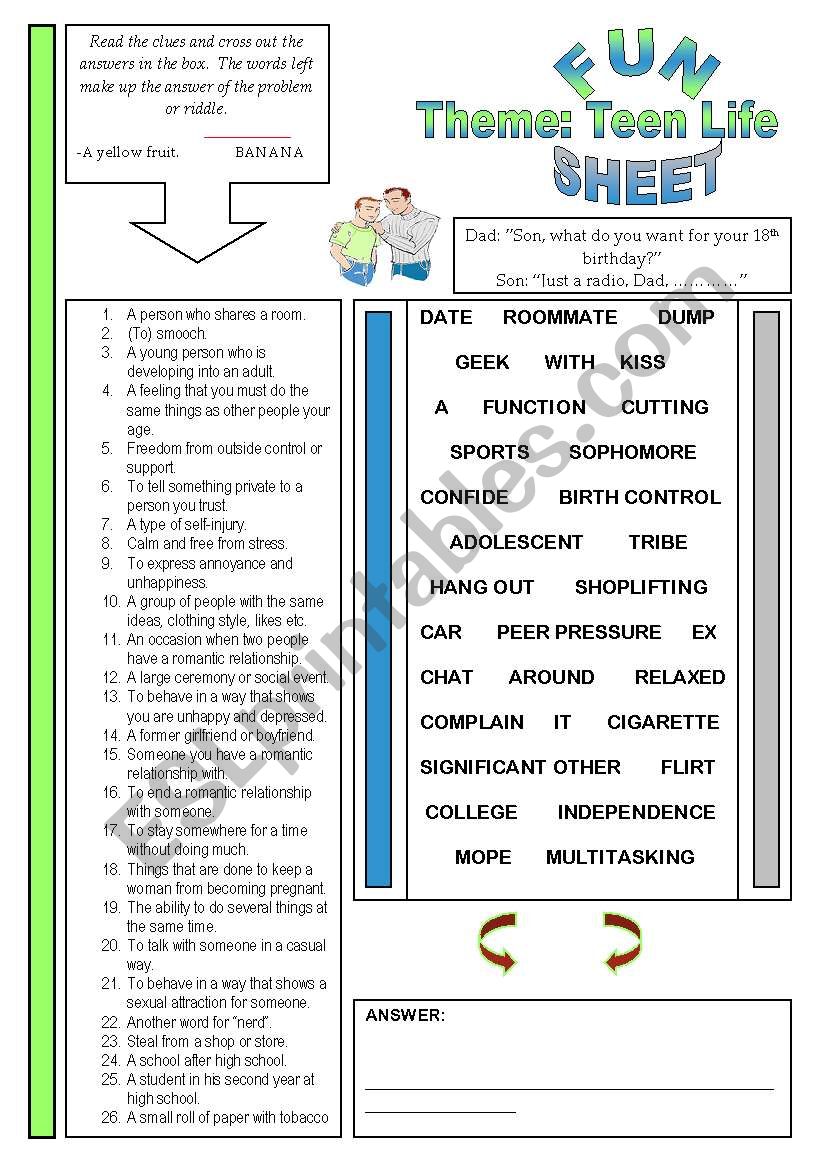 Fun Sheet Theme: Teen Life worksheet