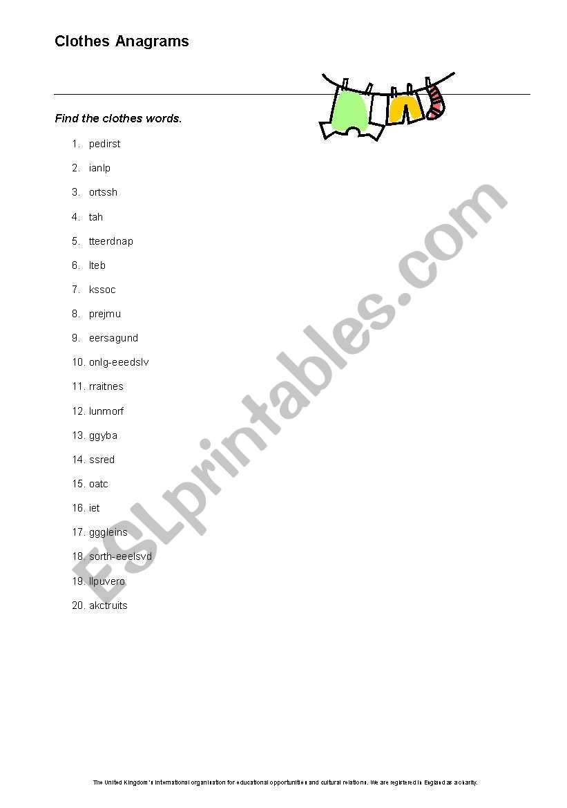 Clothes Anagrams worksheet