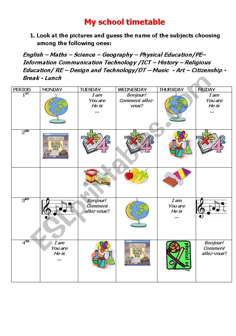 My school timetable worksheet