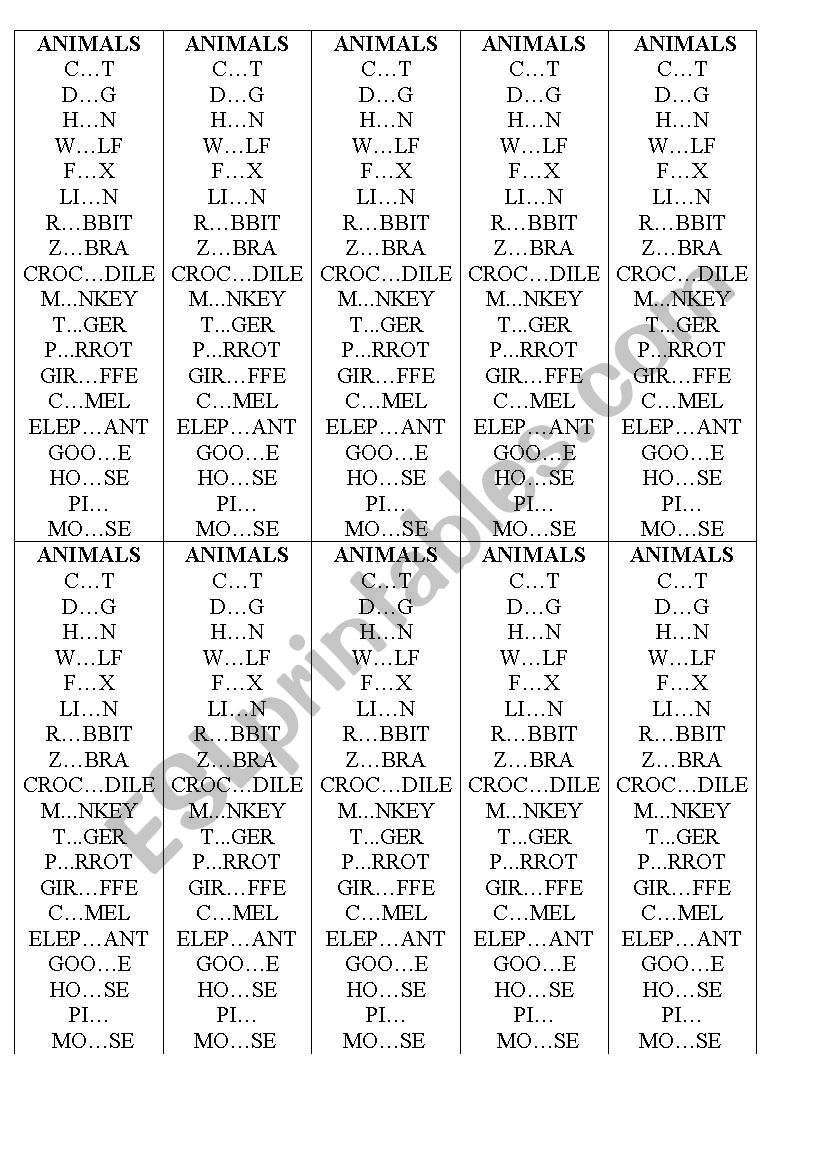 animals worksheet