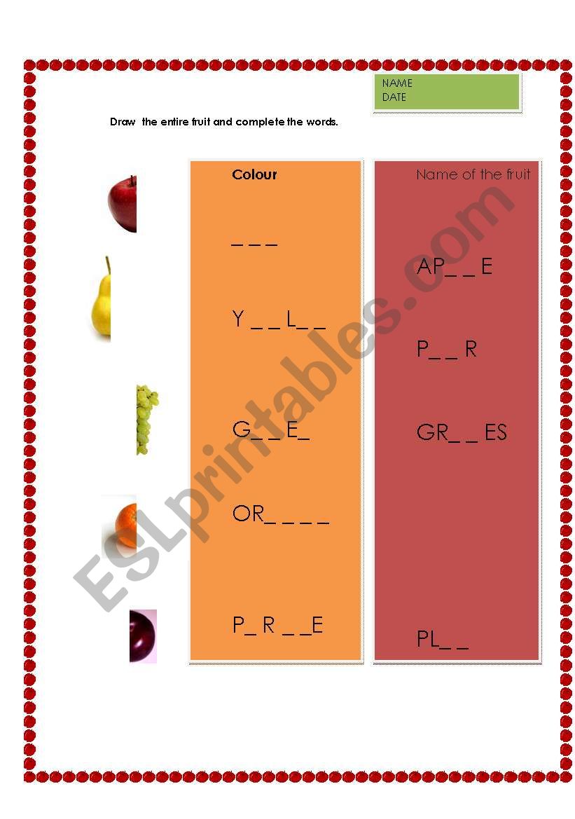 Colour abd fruit worksheet