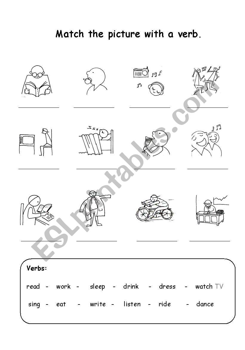 basic verbs picture match worksheet
