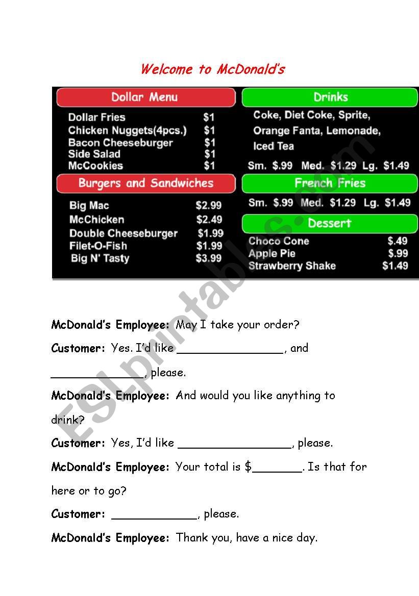 Mcdonalds  worksheet